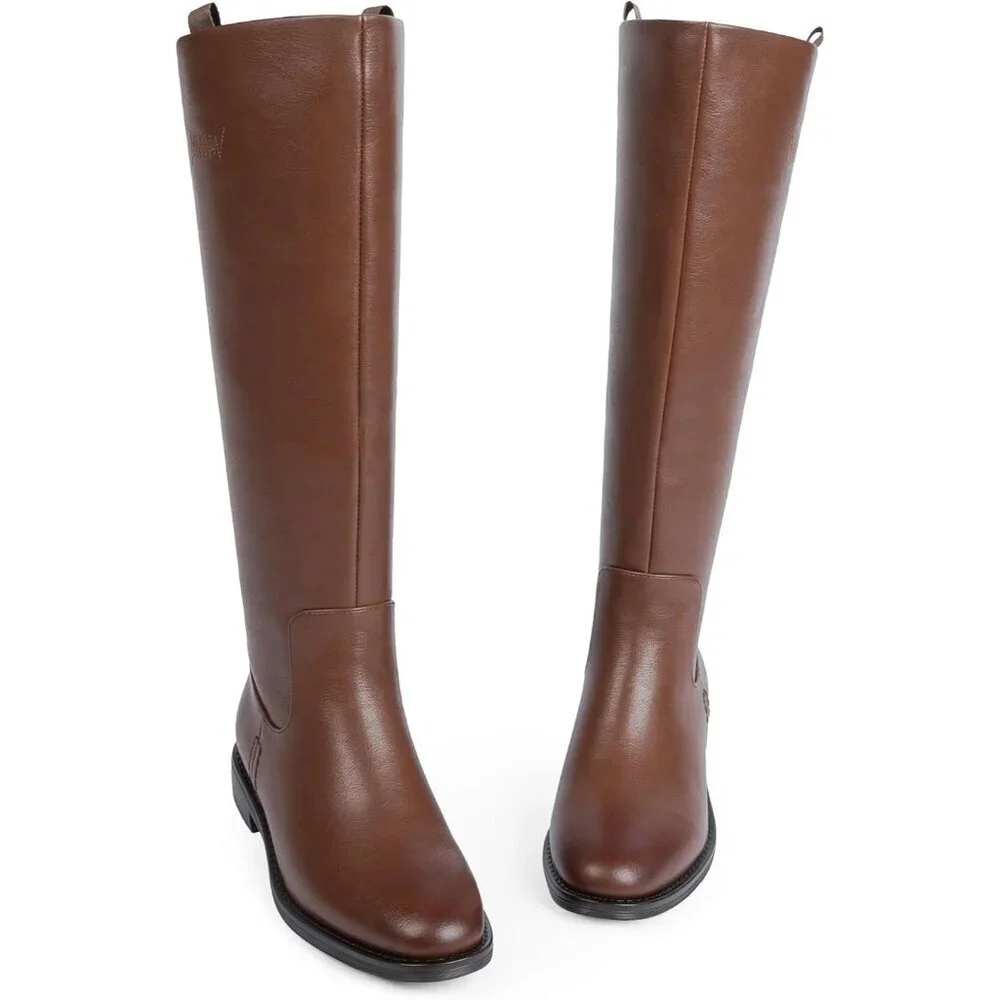 Women's A-brown Rounded Toe Flat Low Chunky Zip Heel Knee High Boots